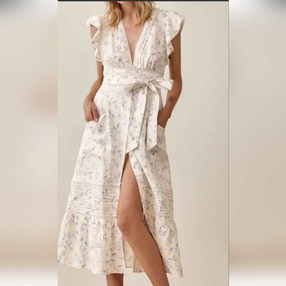 NWOT REFORMATION LILI RUFFLE FLORAL PRINT LINEN DRESS ,SZ:22